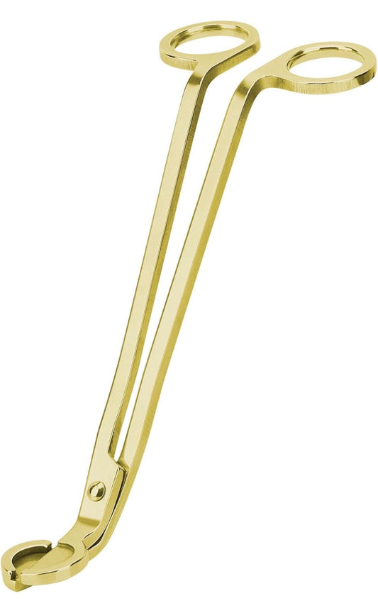 Gold-tone candle wick trimmer with long handles and an angled cutting tray on a white background
